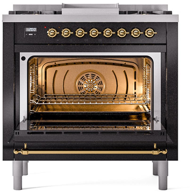 Ilve UN36FNMPBKG Glossy Black With Brass Knobs, Natural Gas