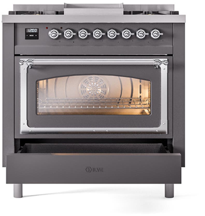 Ilve UN36FNMPMGCLP Graphite Matte With Chrome Knobs, Liquid Propane
