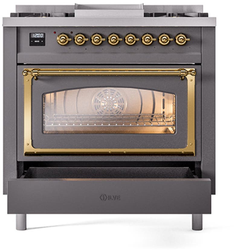 Ilve UN36FNMPMGGLP Graphite Matte With Brass Knobs, Liquid Propane