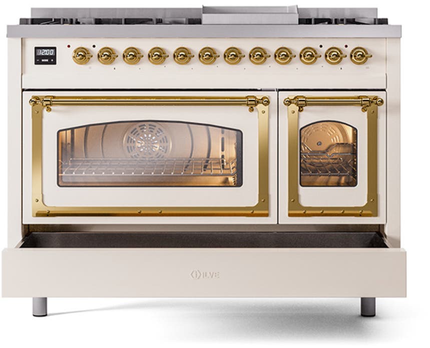 Ilve UN48FNMPAWG Antique White With Brass Knobs, Natural Gas