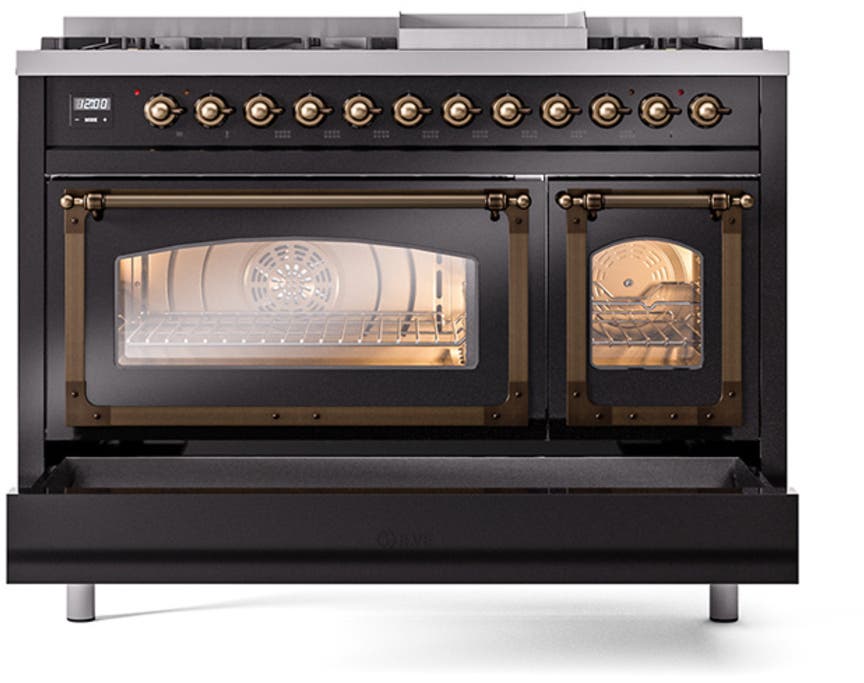 Ilve UN48FNMPBKBLP Glossy Black With Bronze Knobs, Liquid Propane