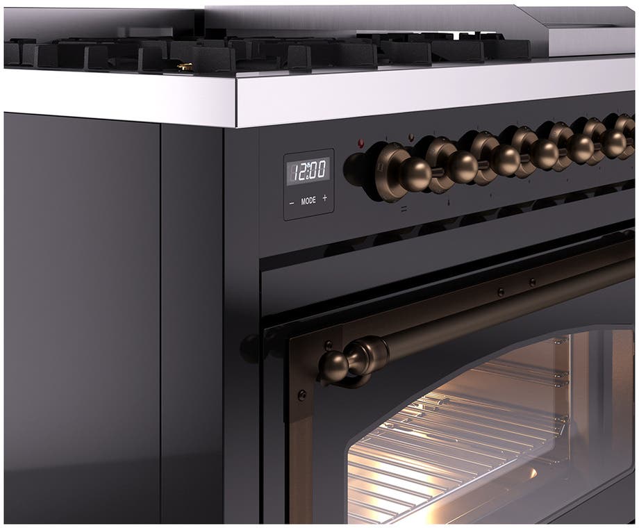 Ilve UN48FNMPBKBLP Glossy Black With Bronze Knobs, Liquid Propane