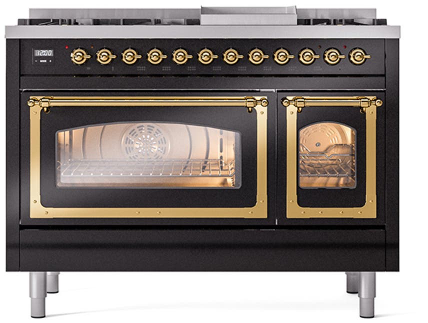 Ilve UN48FNMPBKGLP Glossy Black With Brass Knobs, Liquid Propane