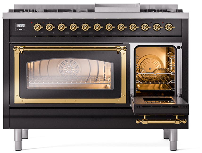 Ilve UN48FNMPBKGLP Glossy Black With Brass Knobs, Liquid Propane