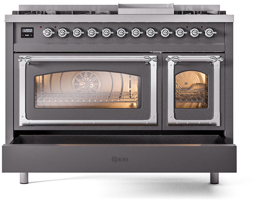 Ilve UN48FNMPMGC Graphite Matte With Chrome Knobs, Natural Gas