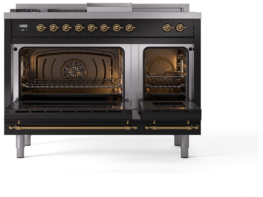 Ilve UN48FSNMPBKGLP Glossy Black With Brass Knobs, Liquid Propane