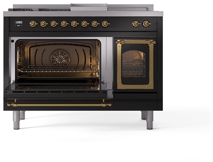Ilve UN48FSNMPBKGLP Glossy Black With Brass Knobs, Liquid Propane