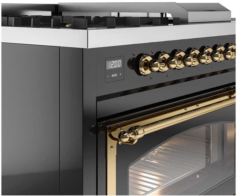 Ilve UN48FSNMPBKGLP Glossy Black With Brass Knobs, Liquid Propane