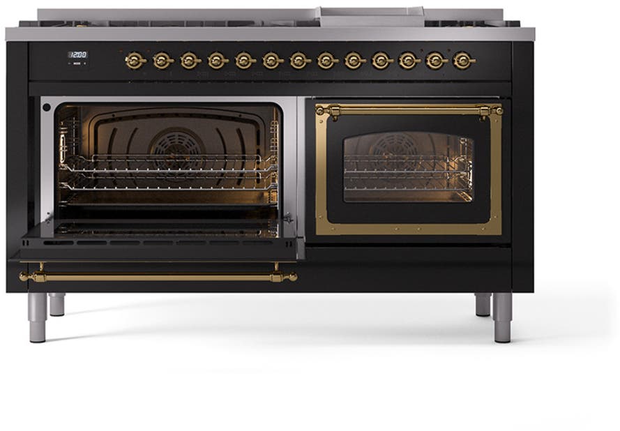 Ilve UN60FNMPBKG Glossy Black With Brass Knobs, Natural Gas