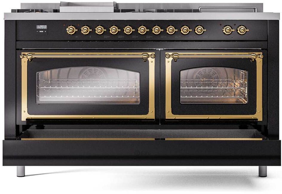 Ilve UN60FSNMPBKG Glossy Black With Brass Knobs, Natural Gas
