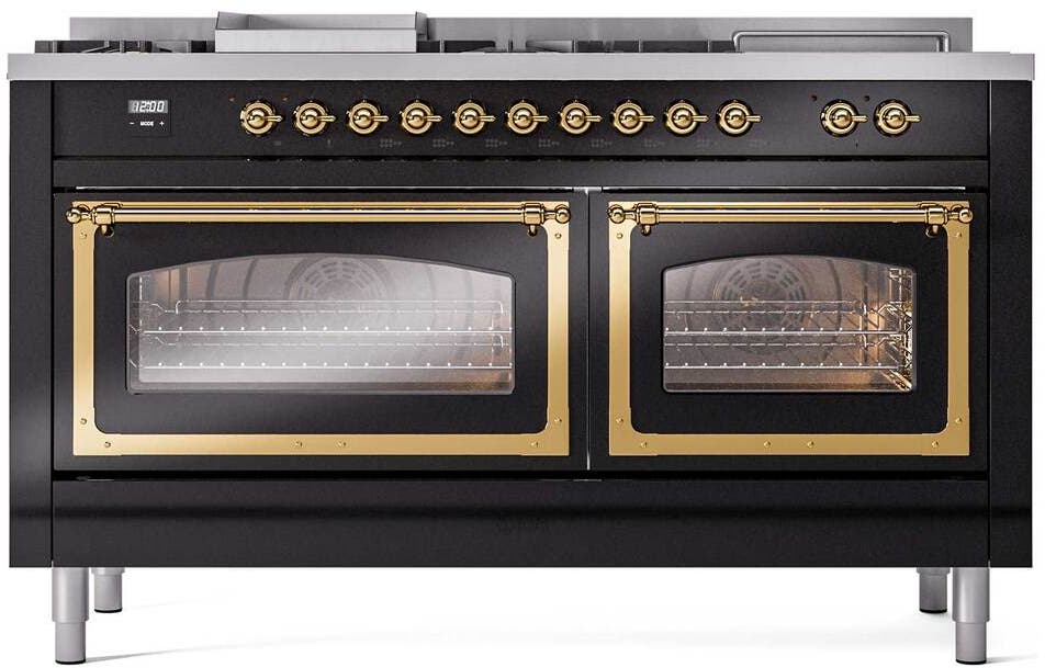 Ilve UN60FSNMPBKGLP Glossy Black With Brass Knobs, Liquid Propane