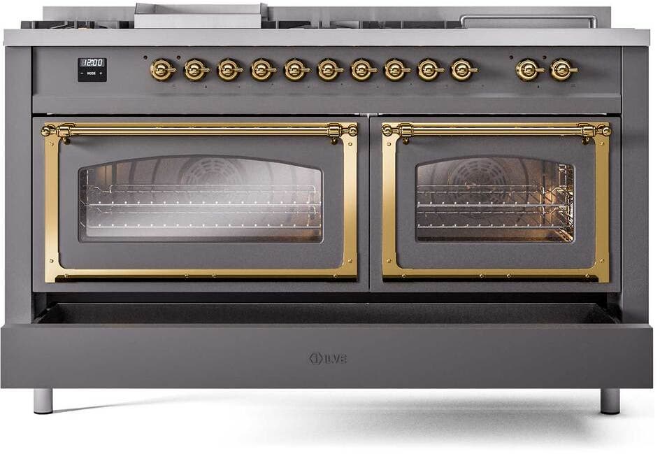 Ilve UN60FSNMPMGGLP Graphite Matte With Brass Knobs, Liquid Propane