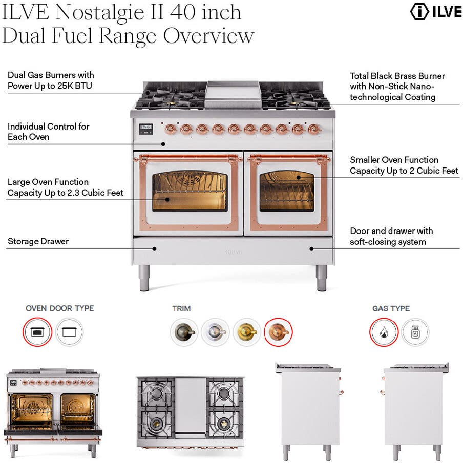 Ilve UND40FNMPAWP Antique White With Copper Knobs, Natural Gas