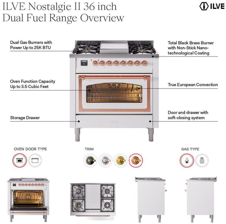 Ilve UP36FNMPRABLP Ral Custom Color With Bronze Knobs, Liquid Propane
