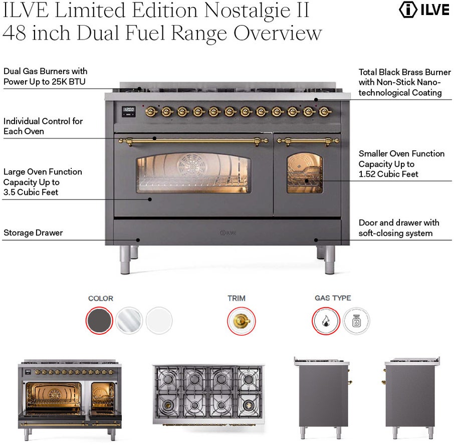 Ilve UP488NMPSSG 48 Inch Freestanding Dual Fuel Range Stainless