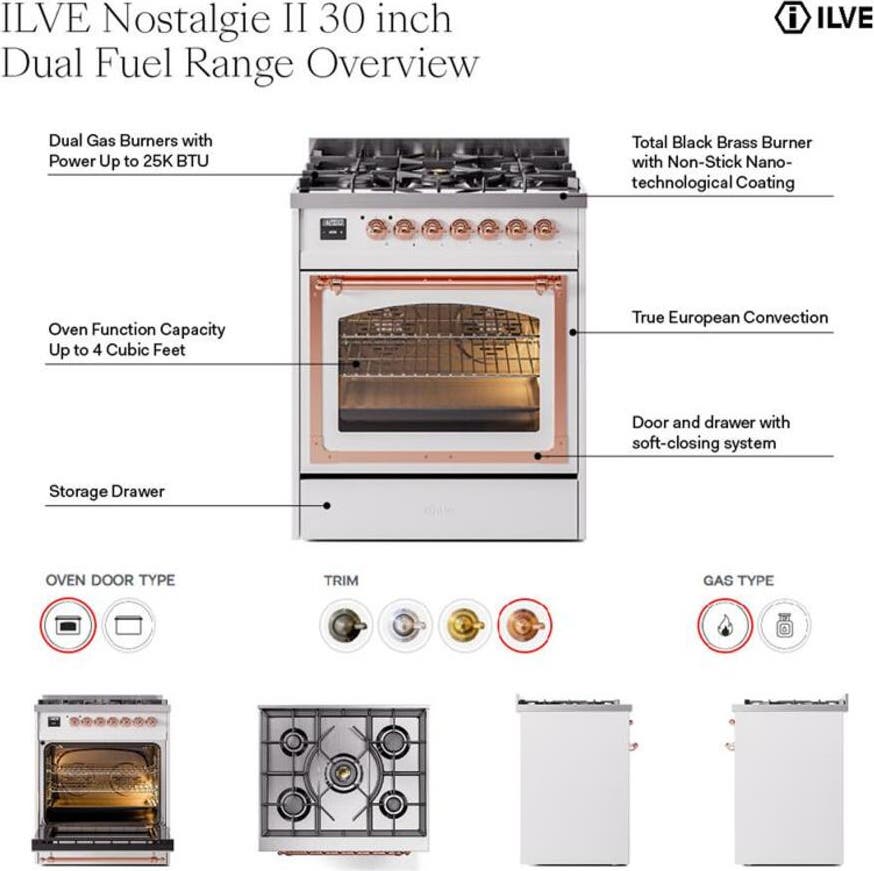 Ilve UN30QNMPBGB Blue Grey With Bronze Knobs, Natural Gas