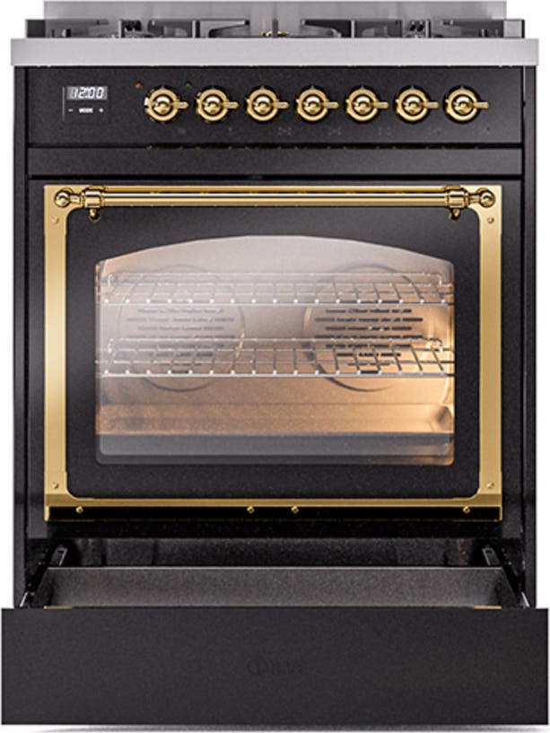 Ilve UN30NMPBKGLP Glossy Black With Brass Knobs, Liquid Propane