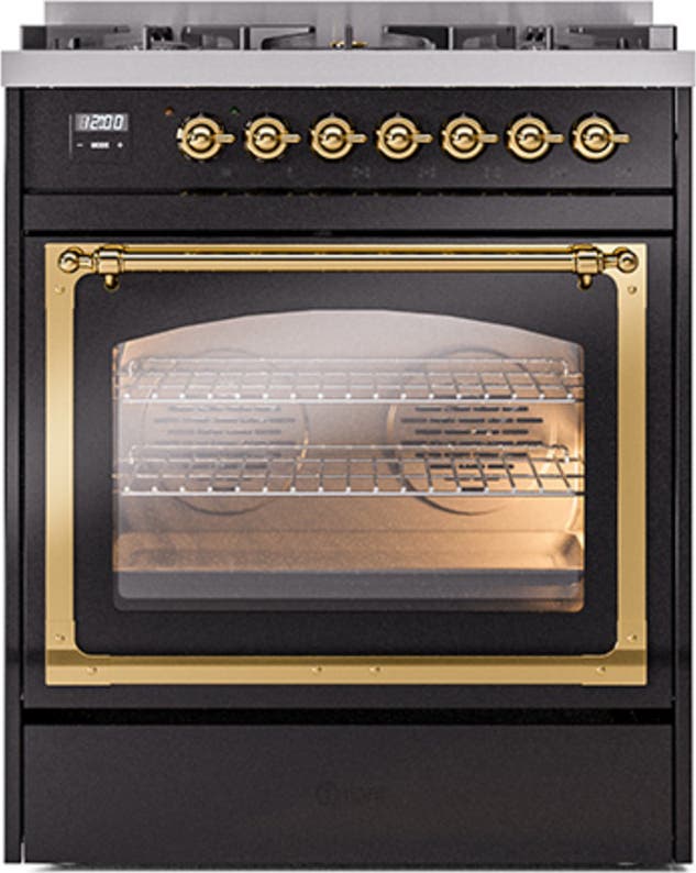 Ilve UN30NMPBKG Glossy Black With Brass Knobs, Natural Gas