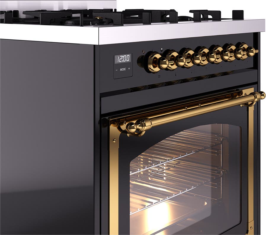 Ilve UN30NMPBKG Glossy Black With Brass Knobs, Natural Gas