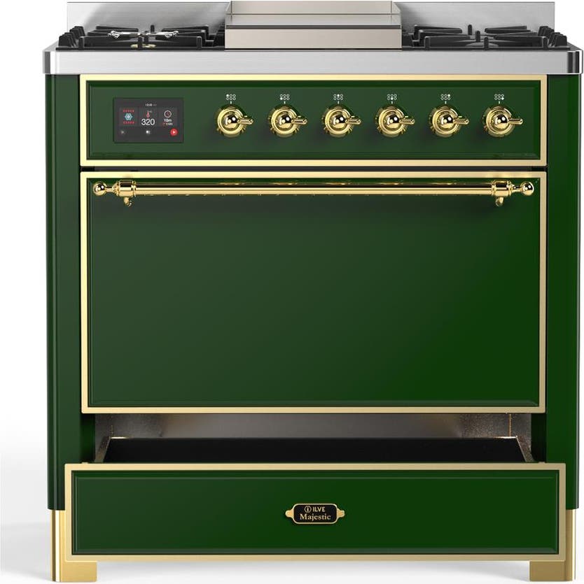 Ilve UM36FQNR3EGGLP Emerald Green With Brass Trim, Liquid Propane