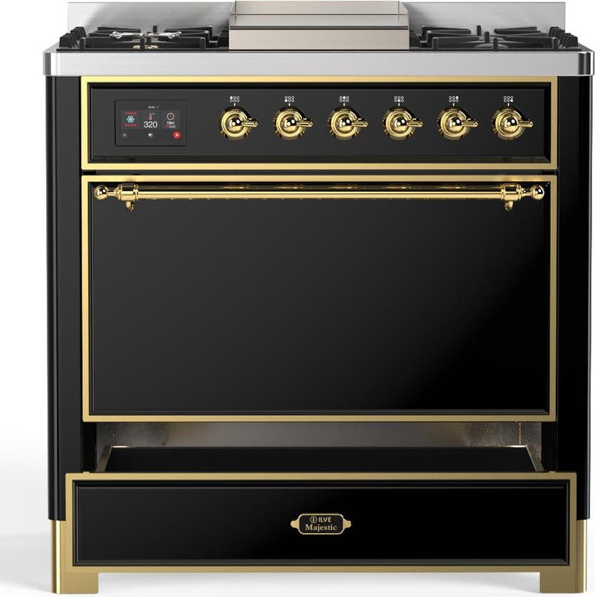 Ilve UM36FQNR3BKGLP Glossy Black With Brass Trim, Liquid Propane