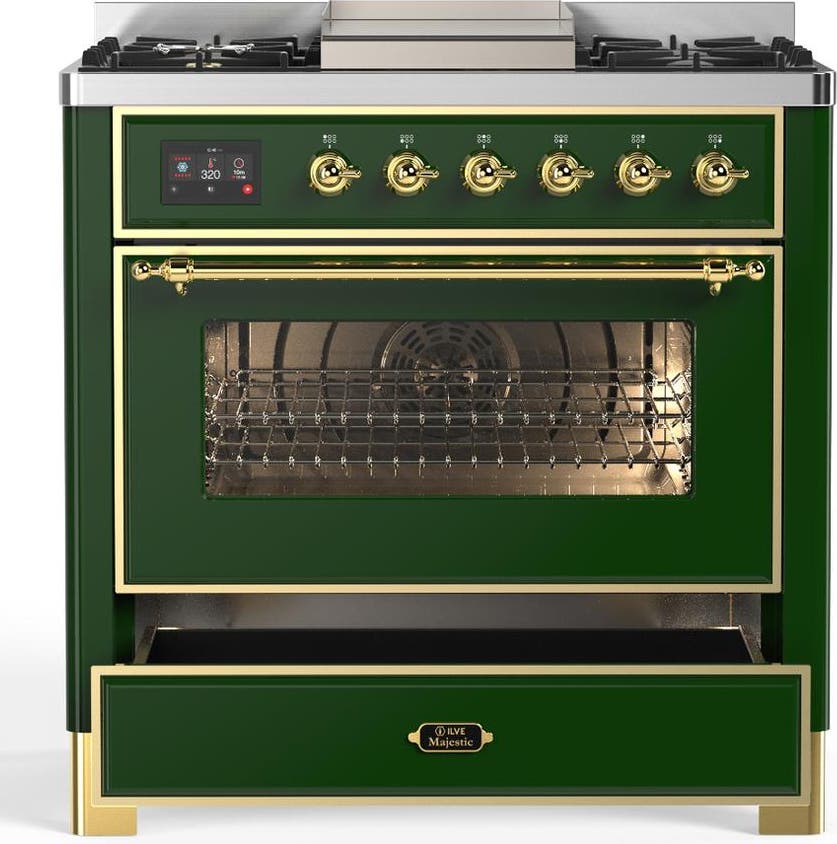Ilve UM36FNR3EGGLP Emerald Green With Brass Trim, Liquid Propane
