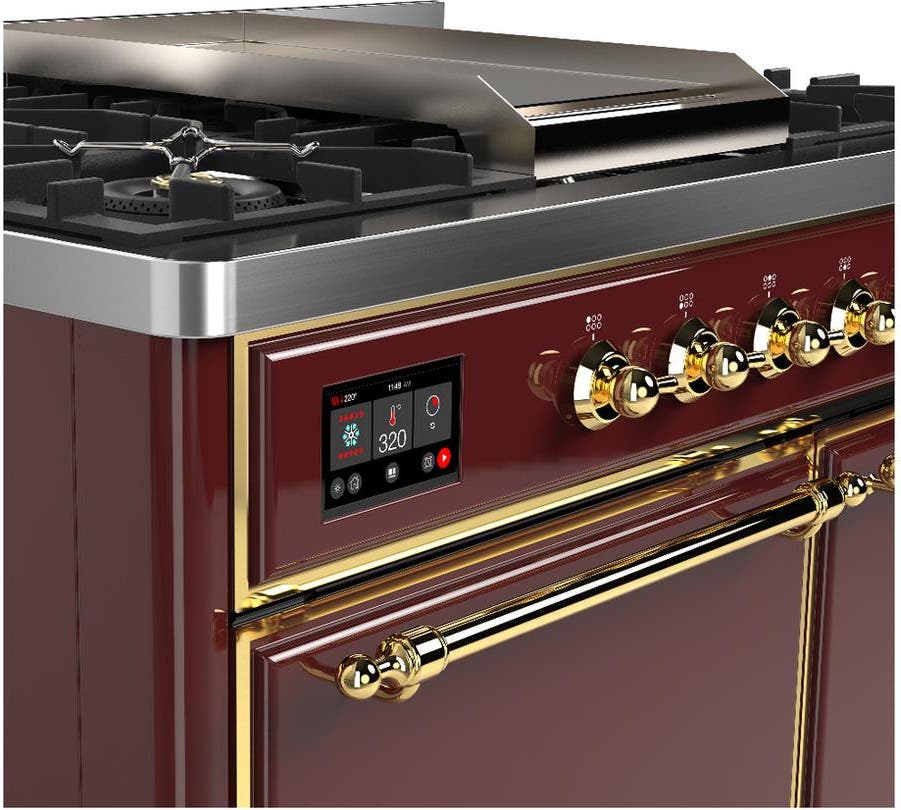 Ilve UMD40FQNR3BUGLP Burgundy With Brass Trim, Liquid Propane
