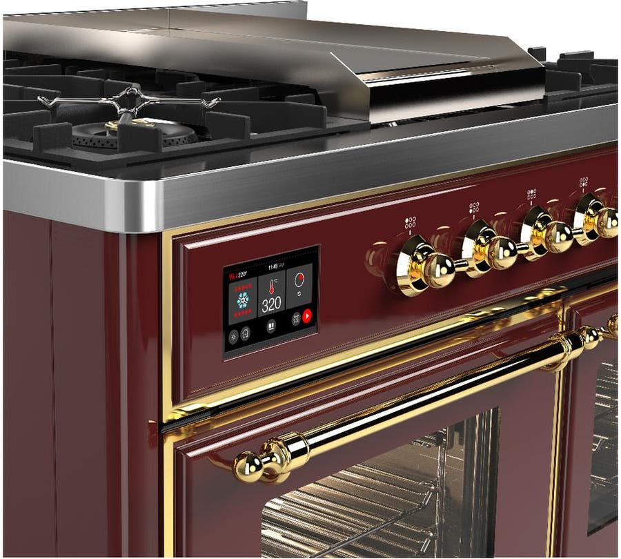 Ilve UMD40FNR3BUGLP Burgundy With Brass Trim, Liquid Propane