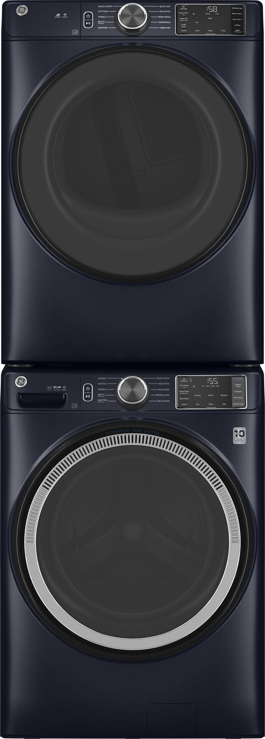 Stacked Front Load Washer and Electric Dryer Pair in Sapphire Blue