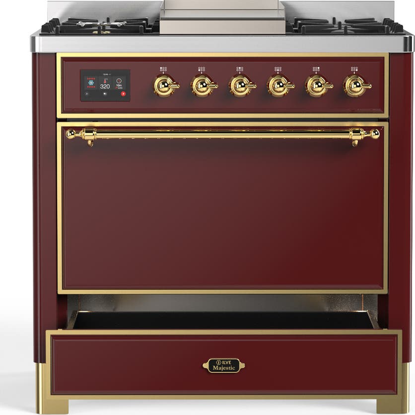 Ilve UM36FQNR3BUG Burgundy With Brass Trim, Natural Gas