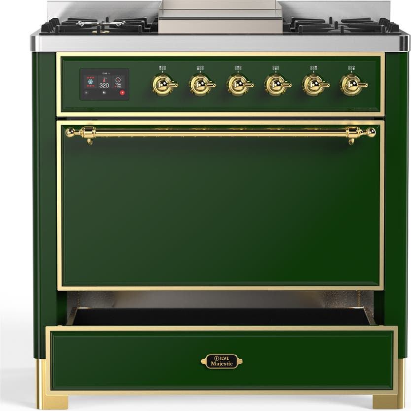 Ilve UM36FQNR3EGGLP Emerald Green With Brass Trim, Liquid Propane