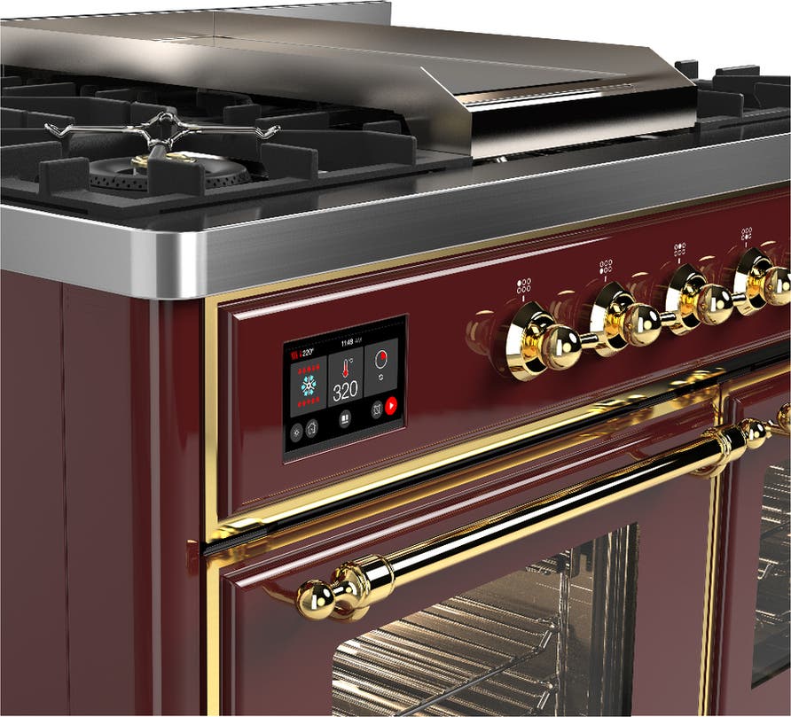 Ilve UMD40FNR3BUGLP Burgundy With Brass Trim, Liquid Propane