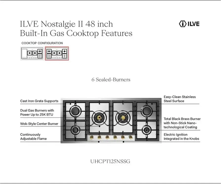 Ilve UHCPT125NSSC Stainless Steel With Chrome Trim, Natural Gas