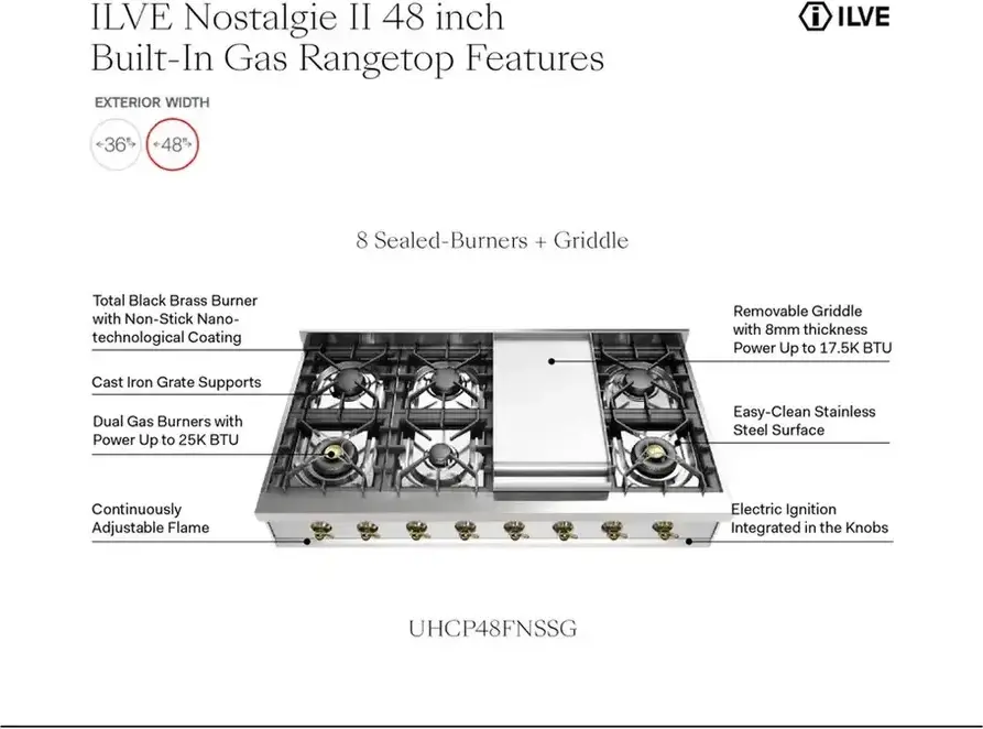 Ilve UHCP48FNSSPLP Stainless Steel With Copper Trim, Liquid Propane