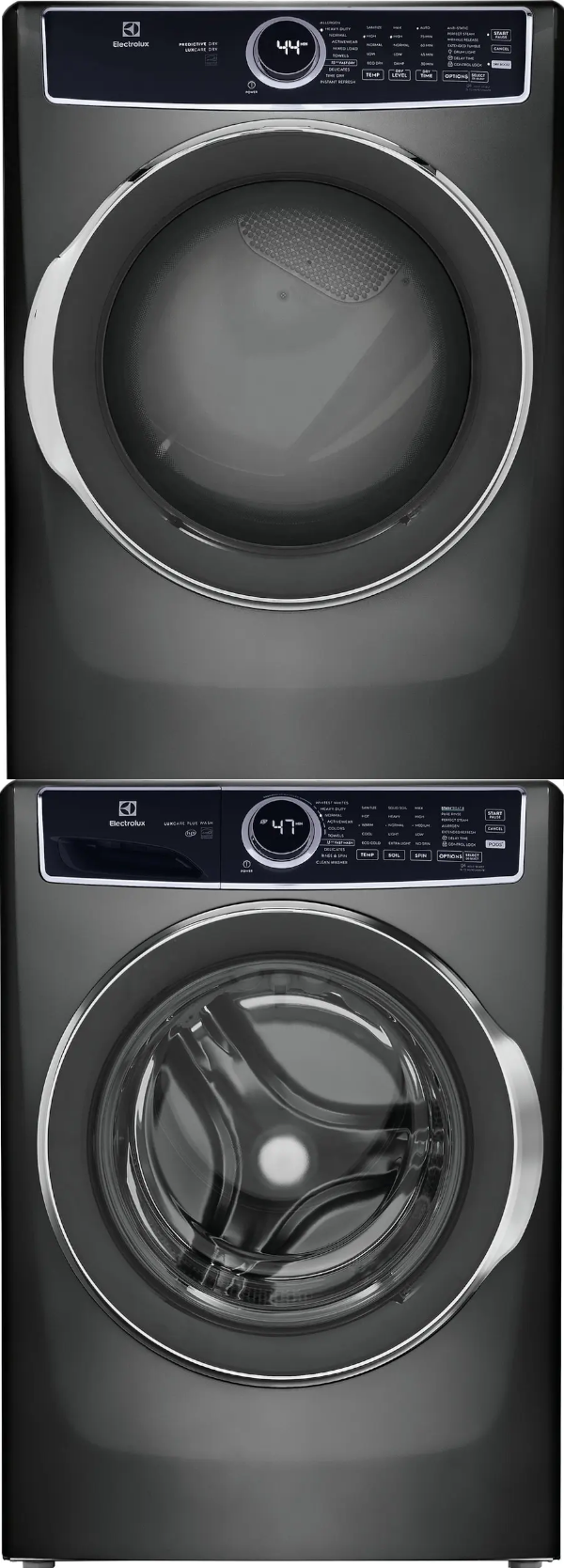 Stacked Front Load Washer and Electric Dryer Pair in Titanium