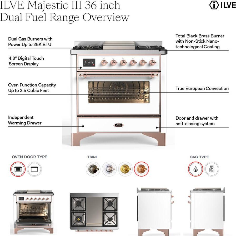 Ilve UM36FNR3SSGLP Triple Glass Door, Stainless Steel, Brass, Liquid ...