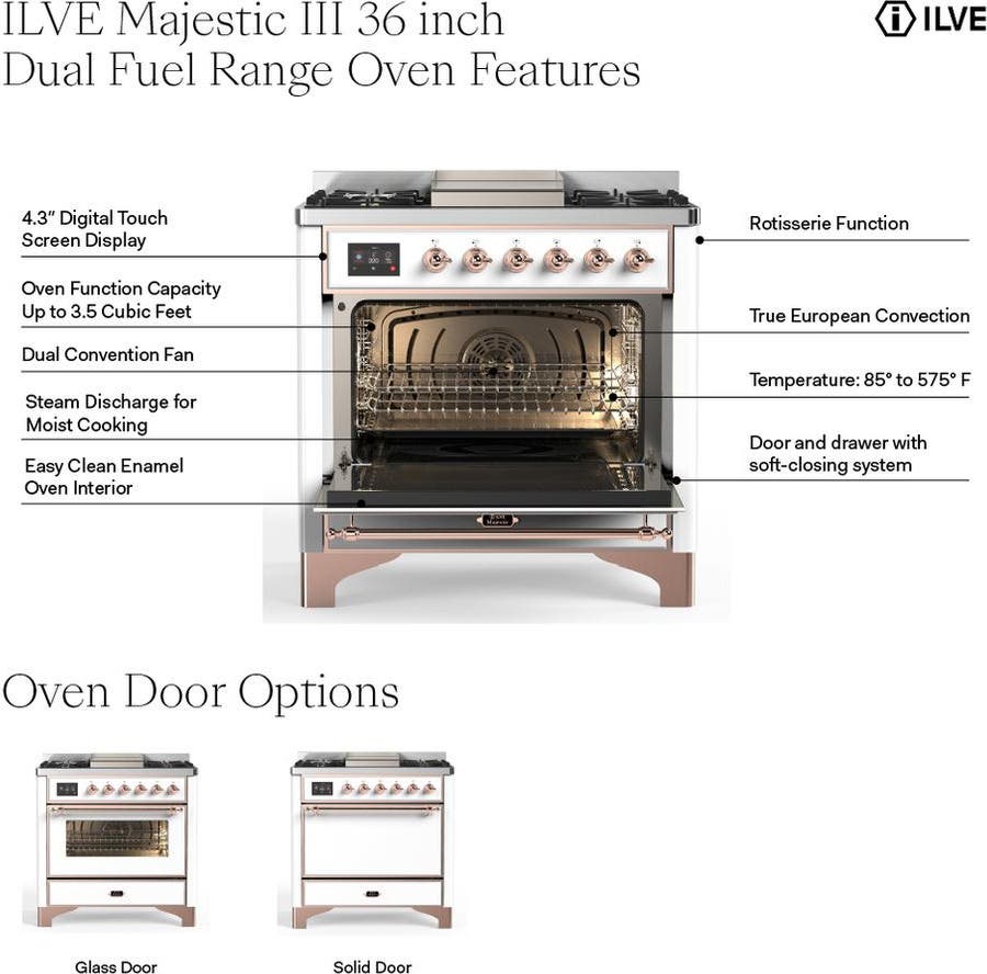 Ilve UM36FNR3SSGLP Triple Glass Door, Stainless Steel, Brass, Liquid ...