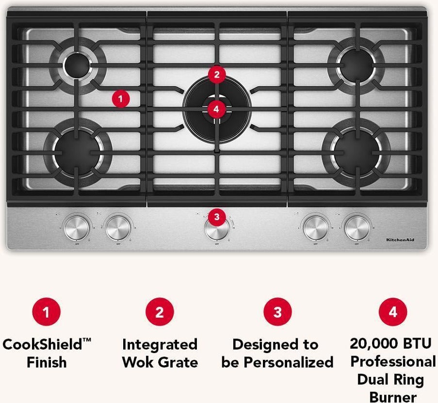 KitchenAid KCGK736SJP 36 in. Gas Cooktop | Plesser's Appliances