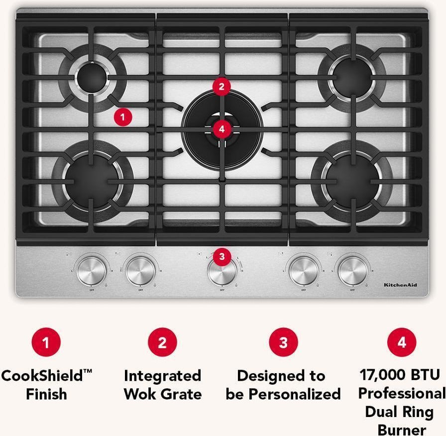 KitchenAid KCGK730SJP 30 in. Gas Cooktop | Plesser's Appliances