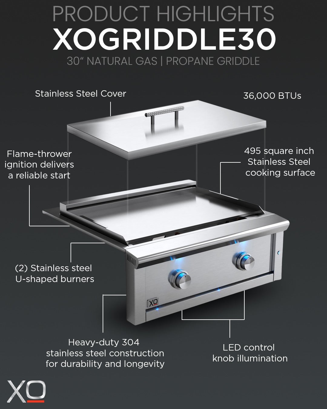 XO XOGRIDDLE30L 30 Inch Built-In Griddle Stainless Steel